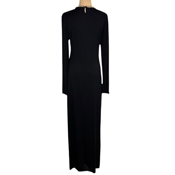 Black Gothic Maxi Dress Sz L Gold Print Sheer Front Long Sleeve Witchy Edgy - Picture 7 of 10